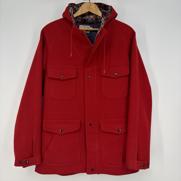 Pendleton Jackets & Blazers - VTG 70s Lobo Pendleton Women 40 Hooded Red Wool Coat Plaid Grunge Chore Barn M